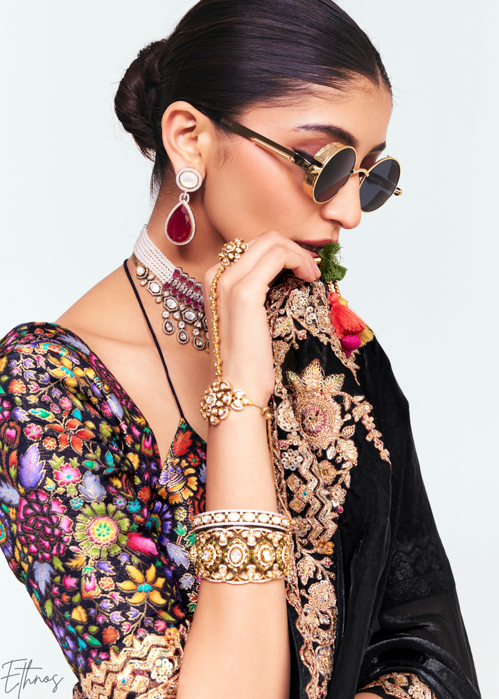 Midnight Black Embroidered Tissue Saree