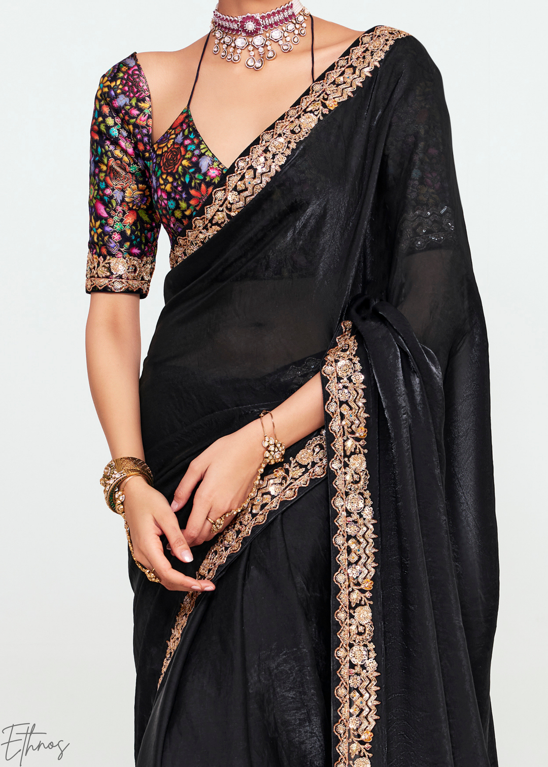Midnight Black Embroidered Tissue Saree