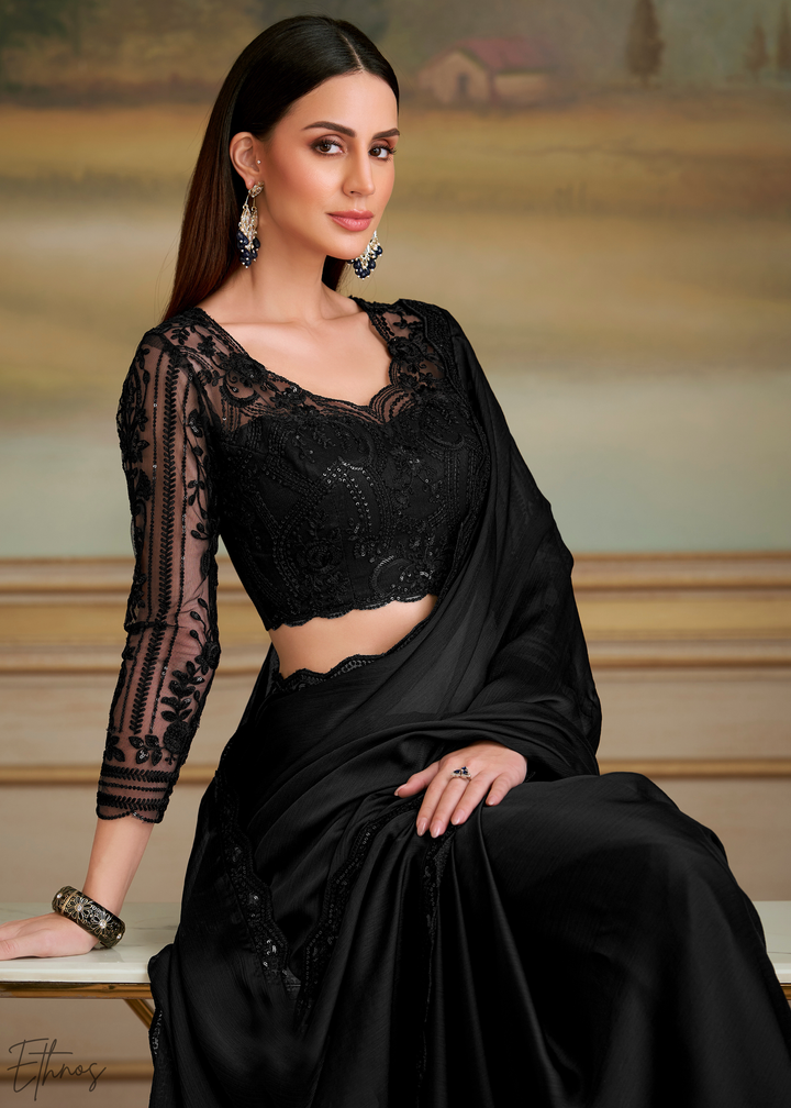 Midnight Black Fluid Satin Chiffon Saree