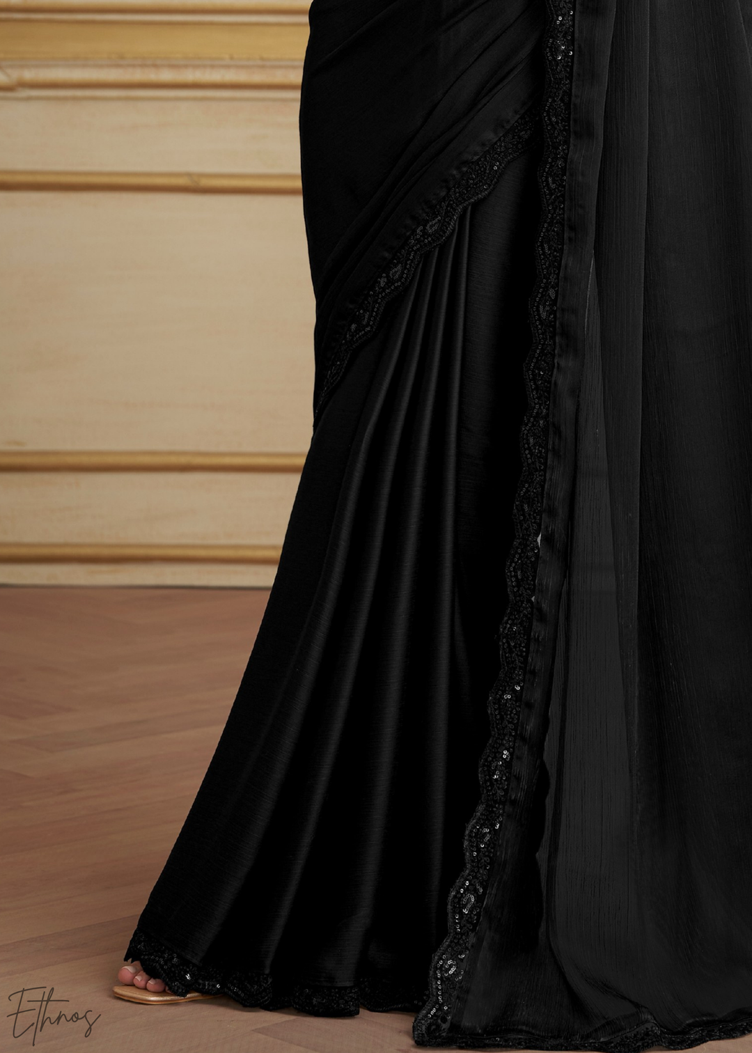 Midnight Black Fluid Satin Chiffon Saree