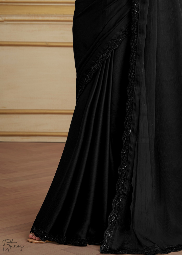 Midnight Black Fluid Satin Chiffon Saree