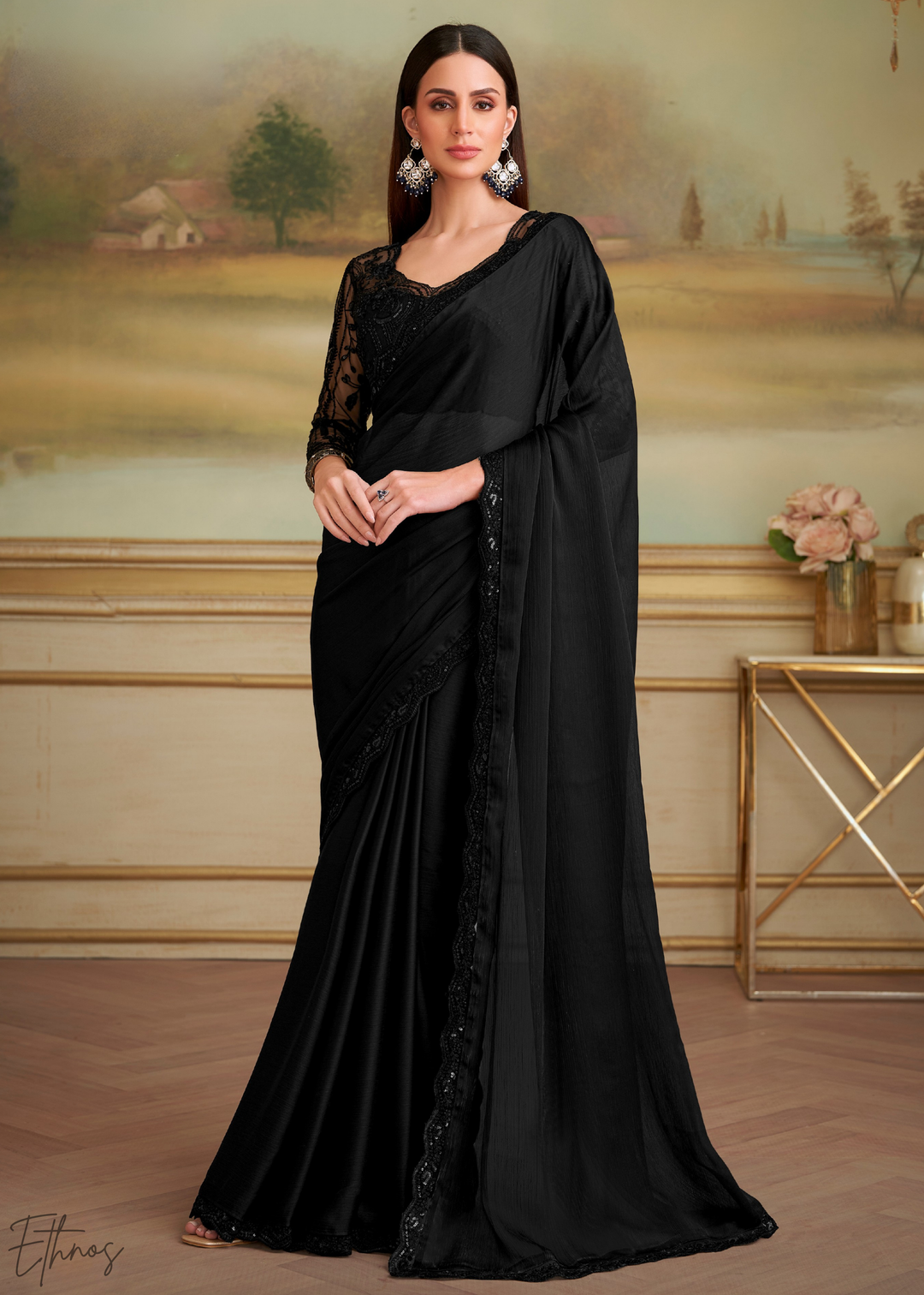 Midnight Black Fluid Satin Chiffon Saree