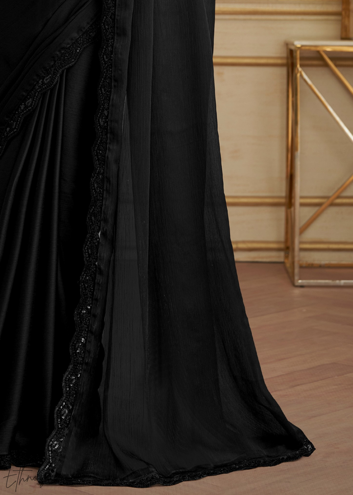Midnight Black Fluid Satin Chiffon Saree