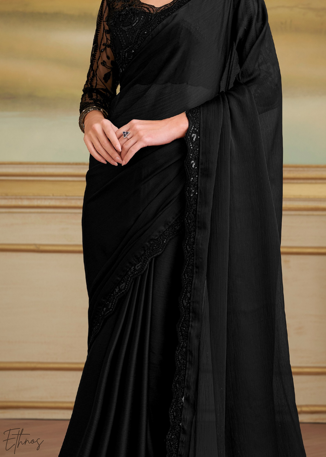 Midnight Black Fluid Satin Chiffon Saree