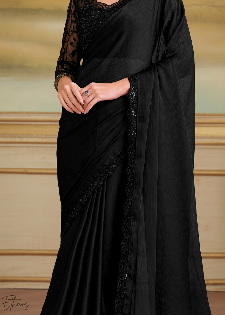 Midnight Black Fluid Satin Chiffon Saree