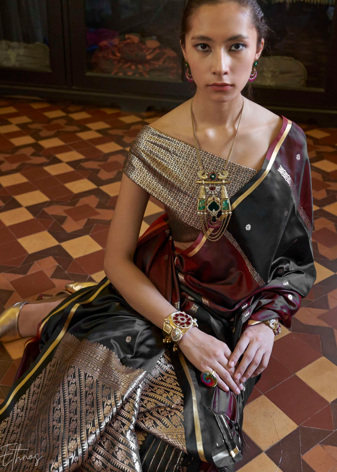 Midnight Black & Rich Maroon Geometric Rangkat Satin Saree