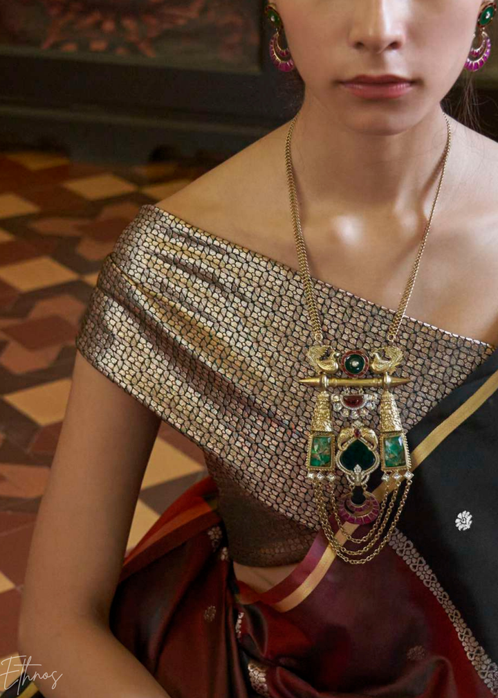 Midnight Black & Rich Maroon Geometric Rangkat Satin Saree