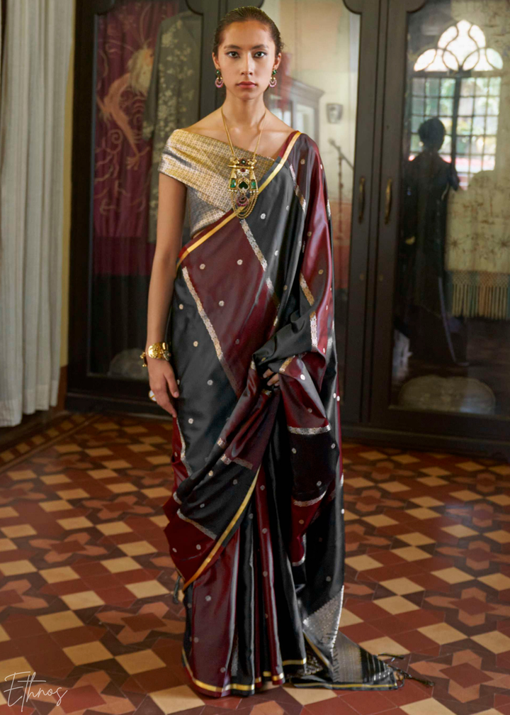Midnight Black & Rich Maroon Geometric Rangkat Satin Saree