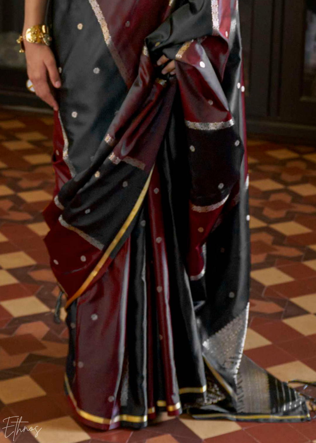 Midnight Black & Rich Maroon Geometric Rangkat Satin Saree