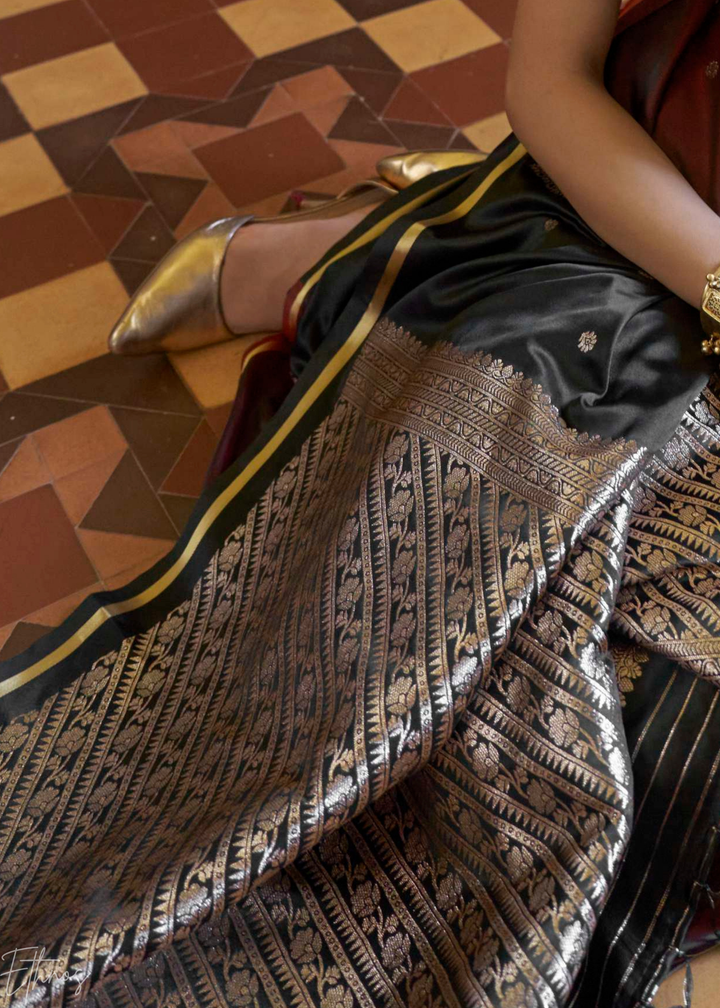 Midnight Black & Rich Maroon Geometric Rangkat Satin Saree