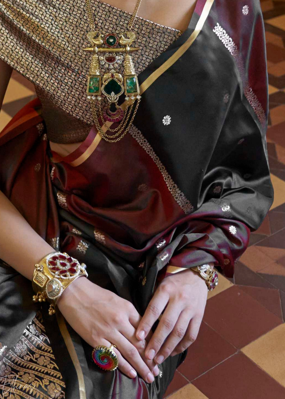 Midnight Black & Rich Maroon Geometric Rangkat Satin Saree
