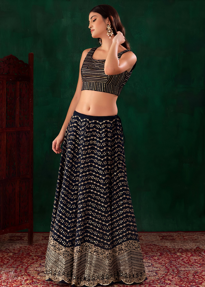 Midnight Blue Chevron-Border Georgette Lehenga