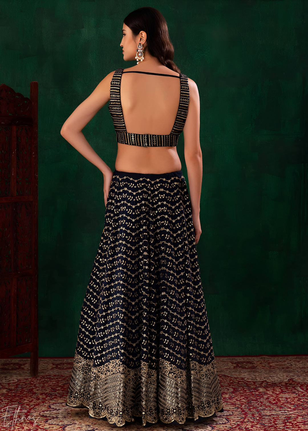 Midnight Blue Chevron-Border Georgette Lehenga