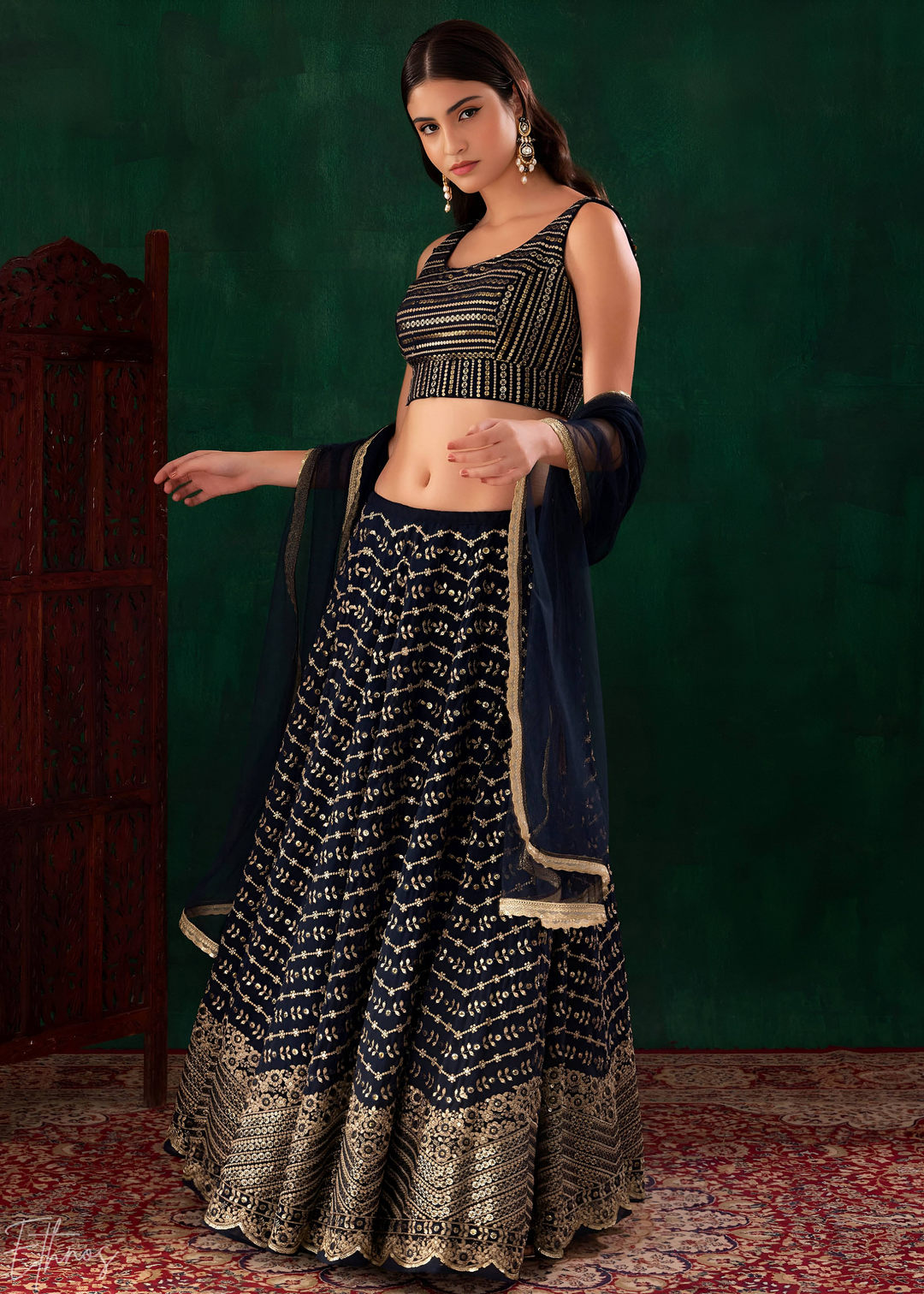 Midnight Blue Chevron-Border Georgette Lehenga