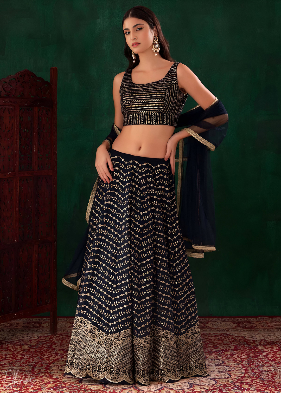 Midnight Blue Chevron-Border Georgette Lehenga