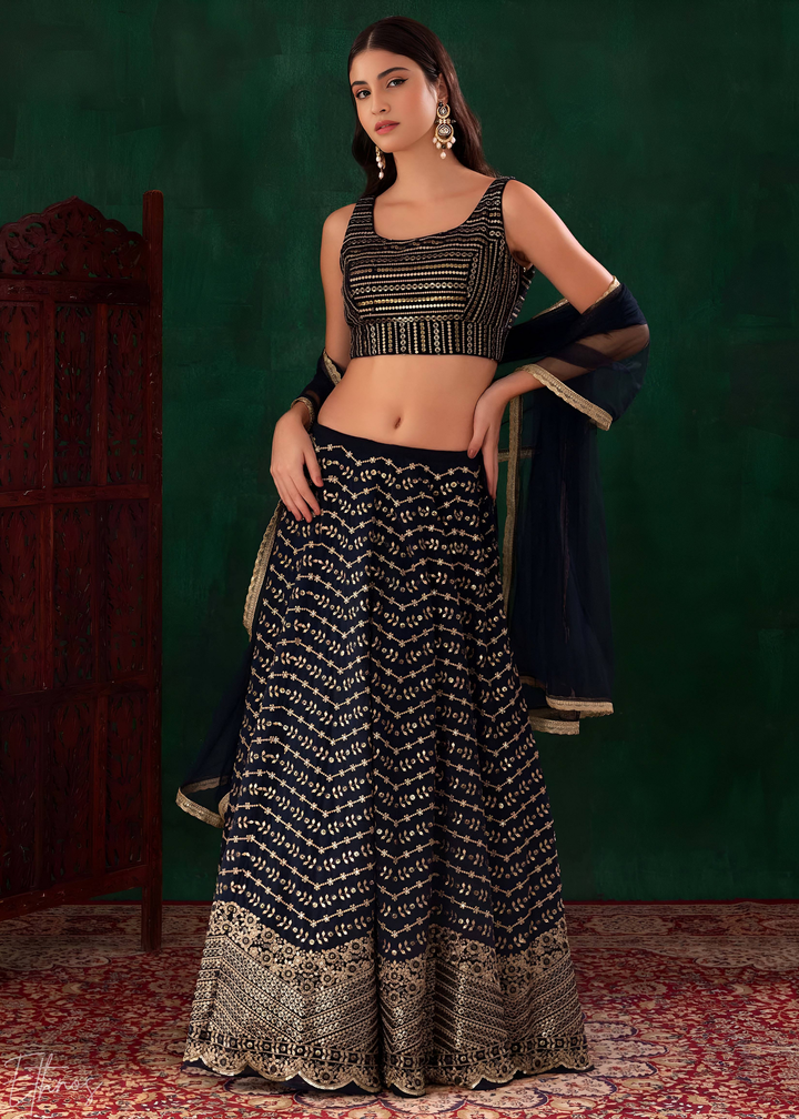 Midnight Blue Chevron-Border Georgette Lehenga