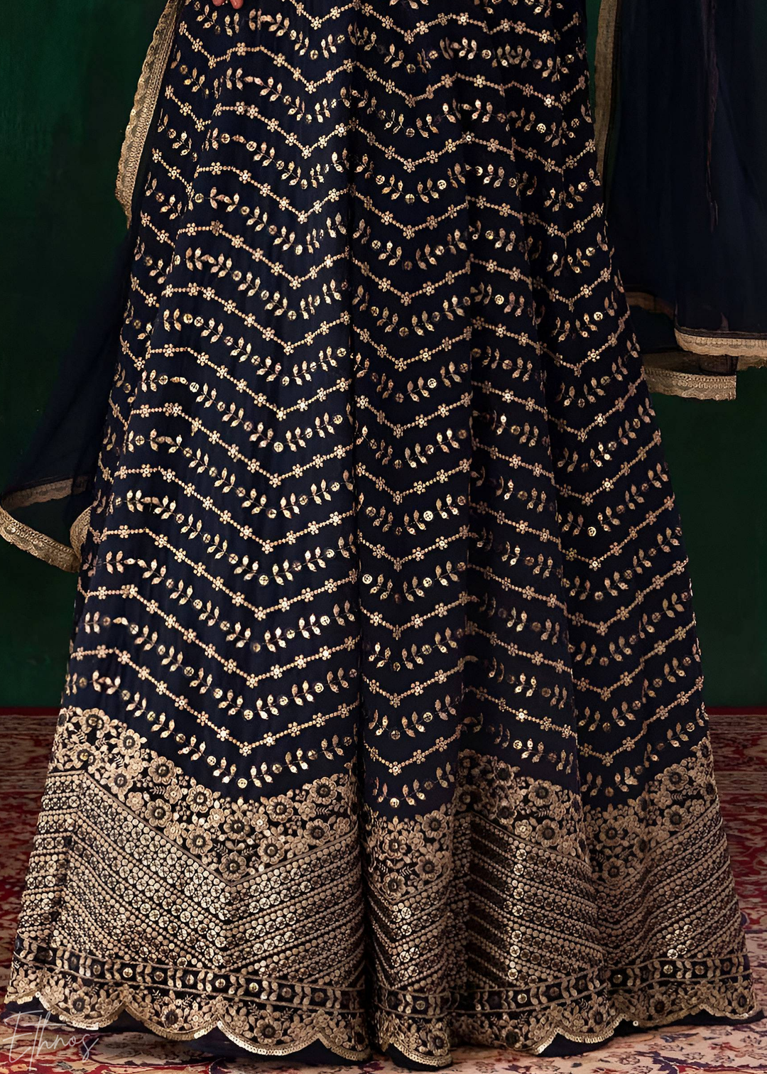 Midnight Blue Chevron-Border Georgette Lehenga