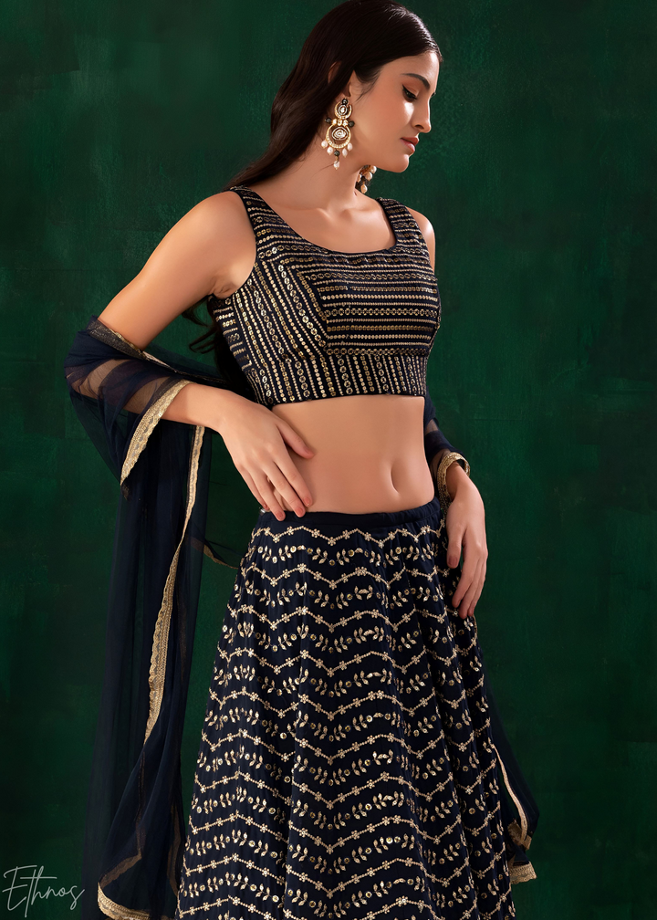 Midnight Blue Chevron-Border Georgette Lehenga