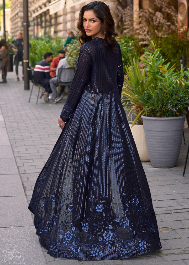 Midnight Blue Georgette Jacket Choli Palazzo Suit