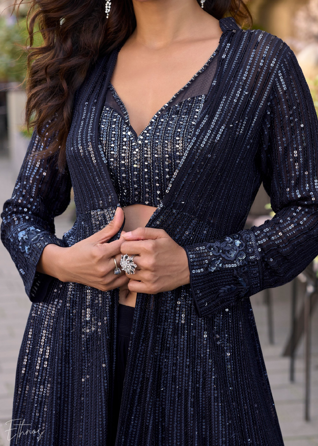 Midnight Blue Georgette Jacket Choli Palazzo Suit