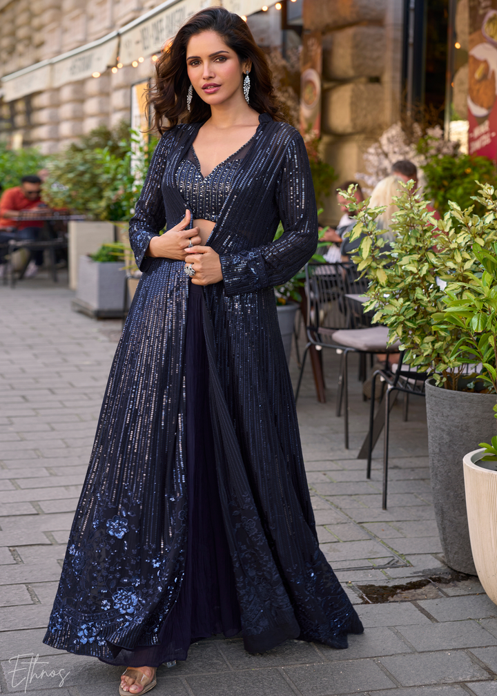Midnight Blue Georgette Jacket Choli Palazzo Suit