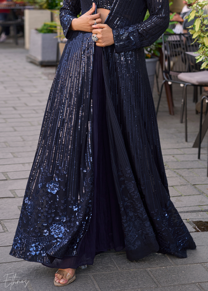 Midnight Blue Georgette Jacket Choli Palazzo Suit