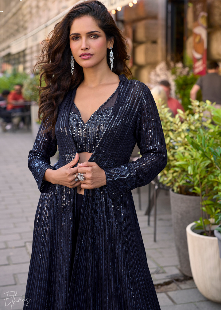 Midnight Blue Georgette Jacket Choli Palazzo Suit