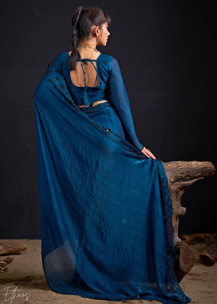 Midnight Blue Linear-Flora Silk Saree