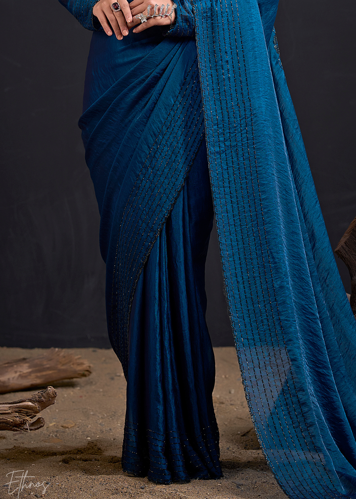 Midnight Blue Linear-Flora Silk Saree