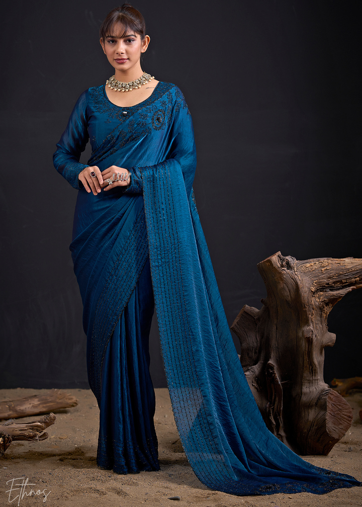Midnight Blue Linear-Flora Silk Saree