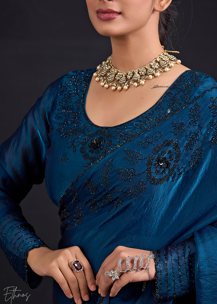 Midnight Blue Linear-Flora Silk Saree