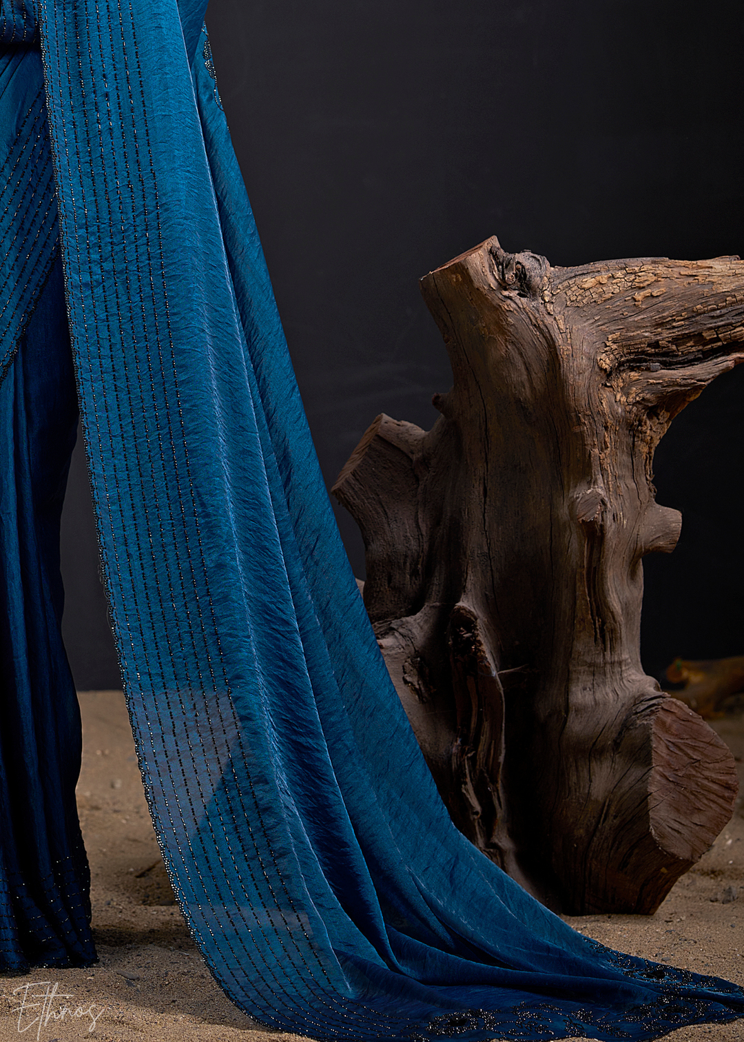 Midnight Blue Linear-Flora Silk Saree