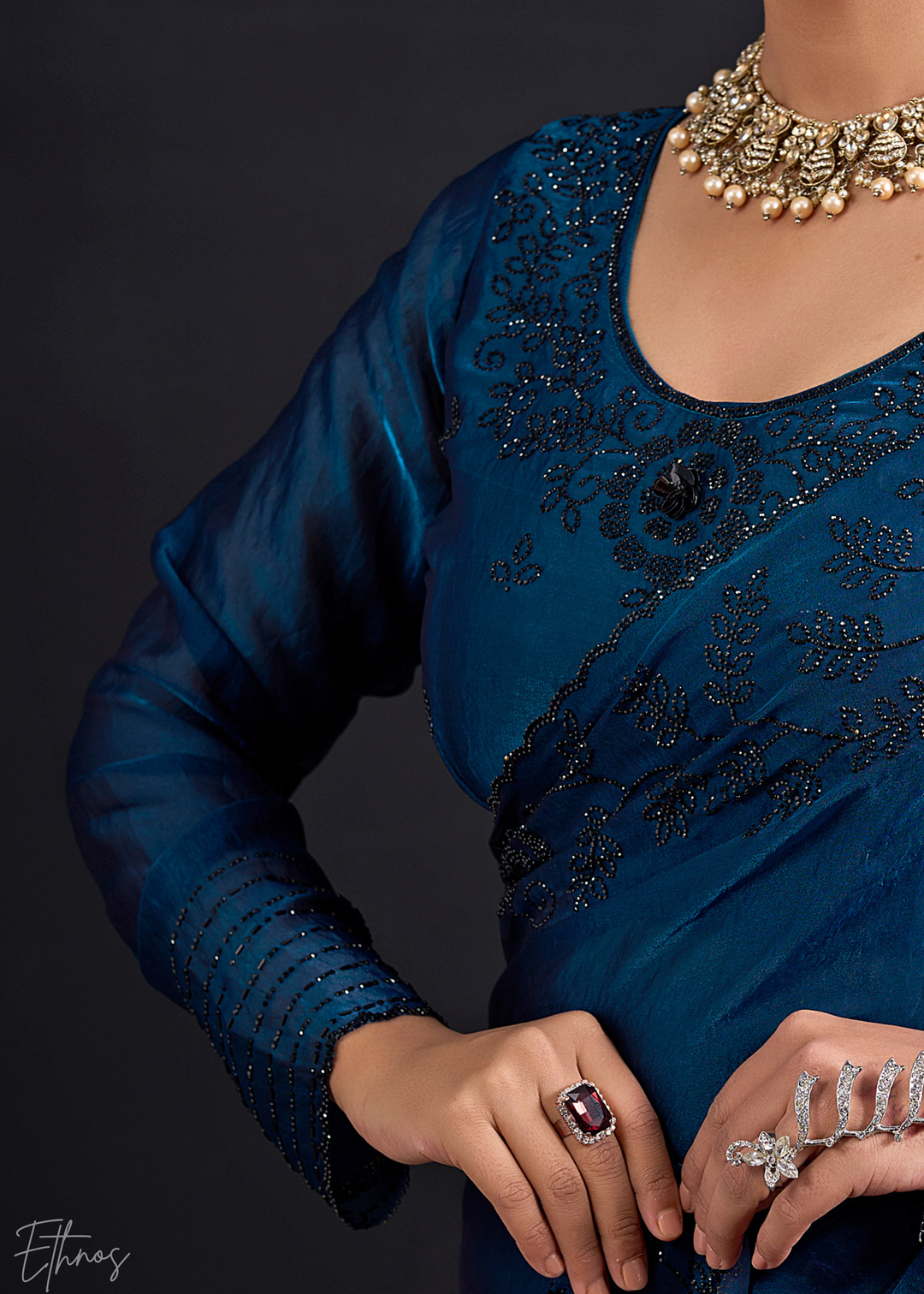 Midnight Blue Linear-Flora Silk Saree