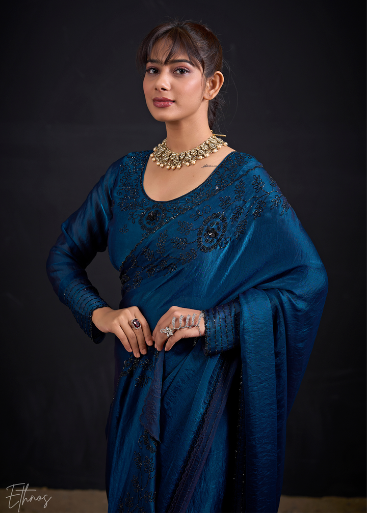 Midnight Blue Linear-Flora Silk Saree