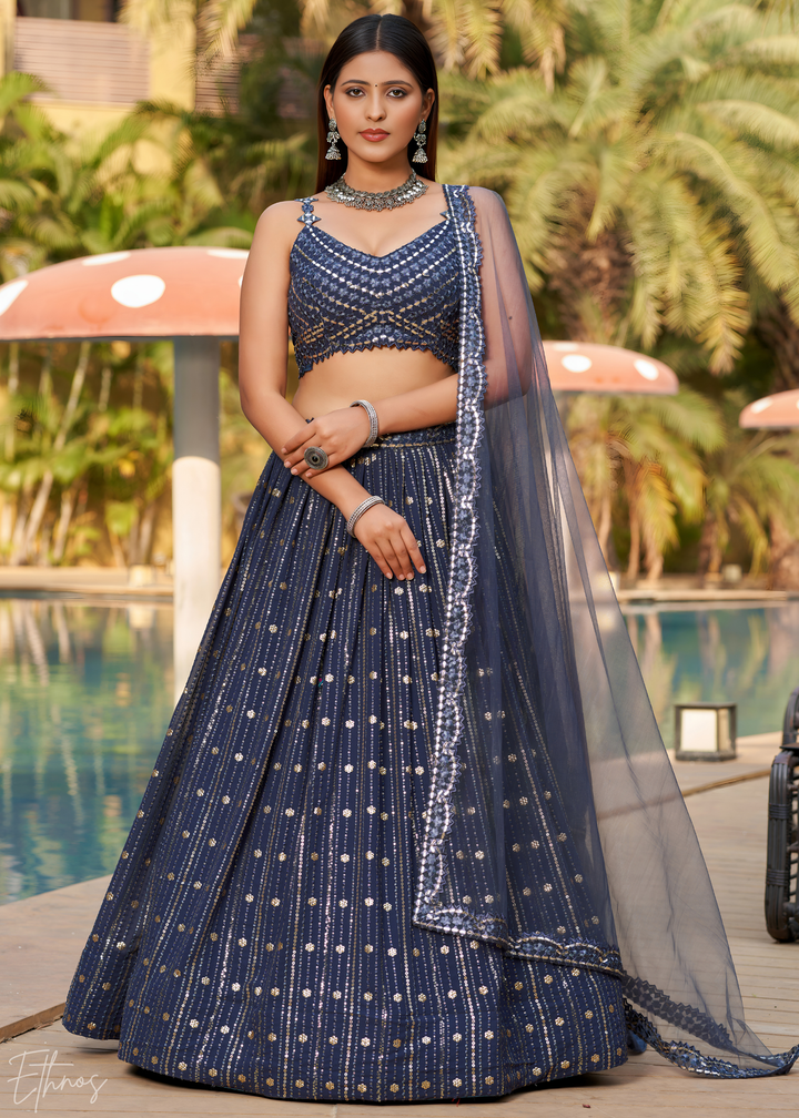 Midnight Blue Sequins Georgette Lehenga