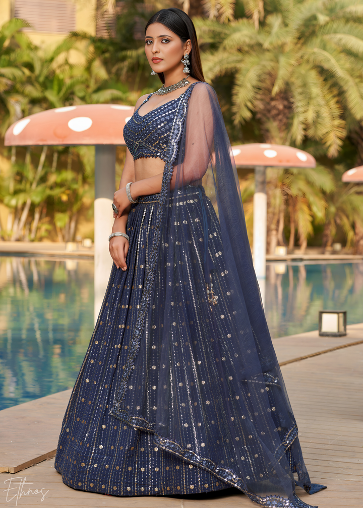 Midnight Blue Sequins Georgette Lehenga