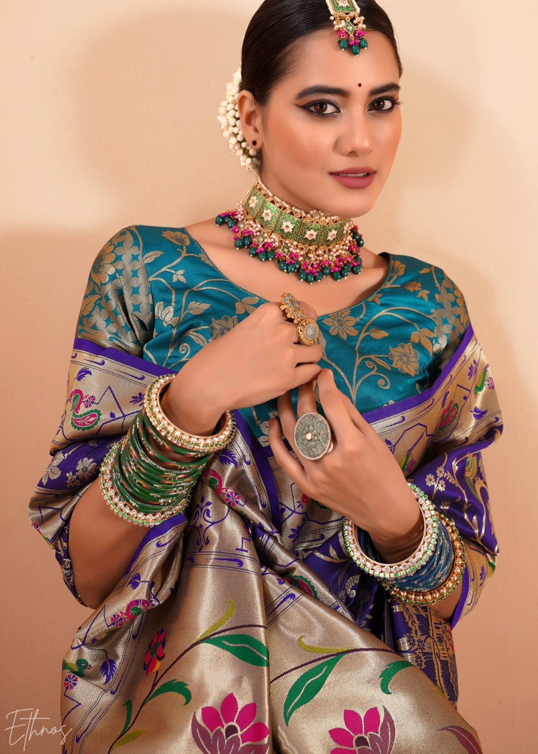 Midnight Indigo Menagerie Paithani Silk Saree