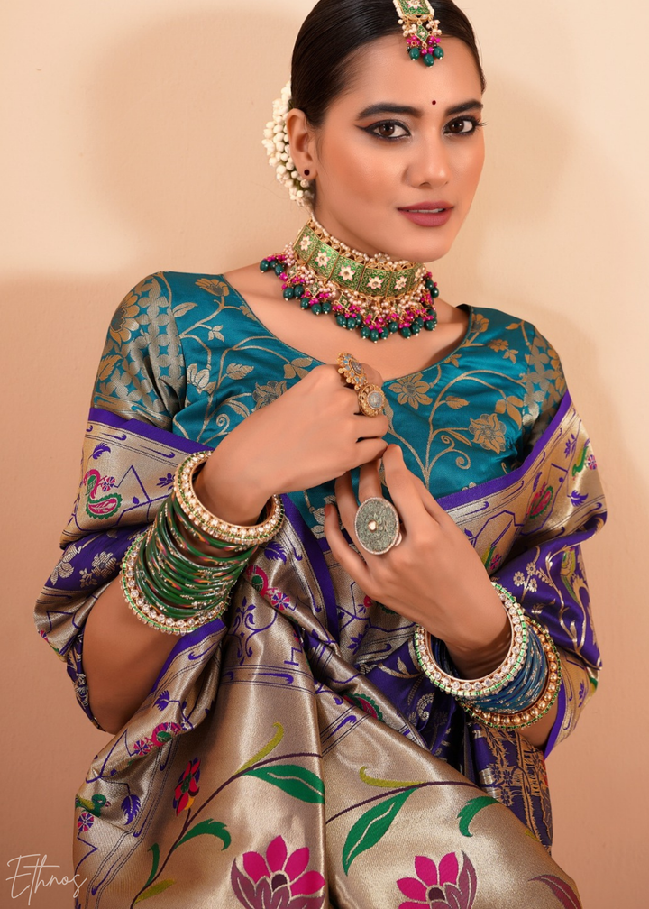 Midnight Indigo Menagerie Paithani Silk Saree