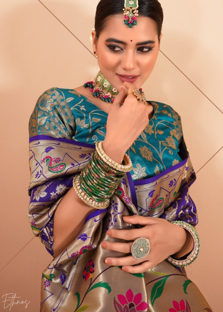 Midnight Indigo Menagerie Paithani Silk Saree