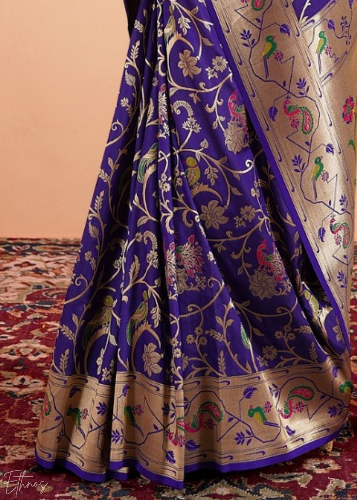 Midnight Indigo Menagerie Paithani Silk Saree