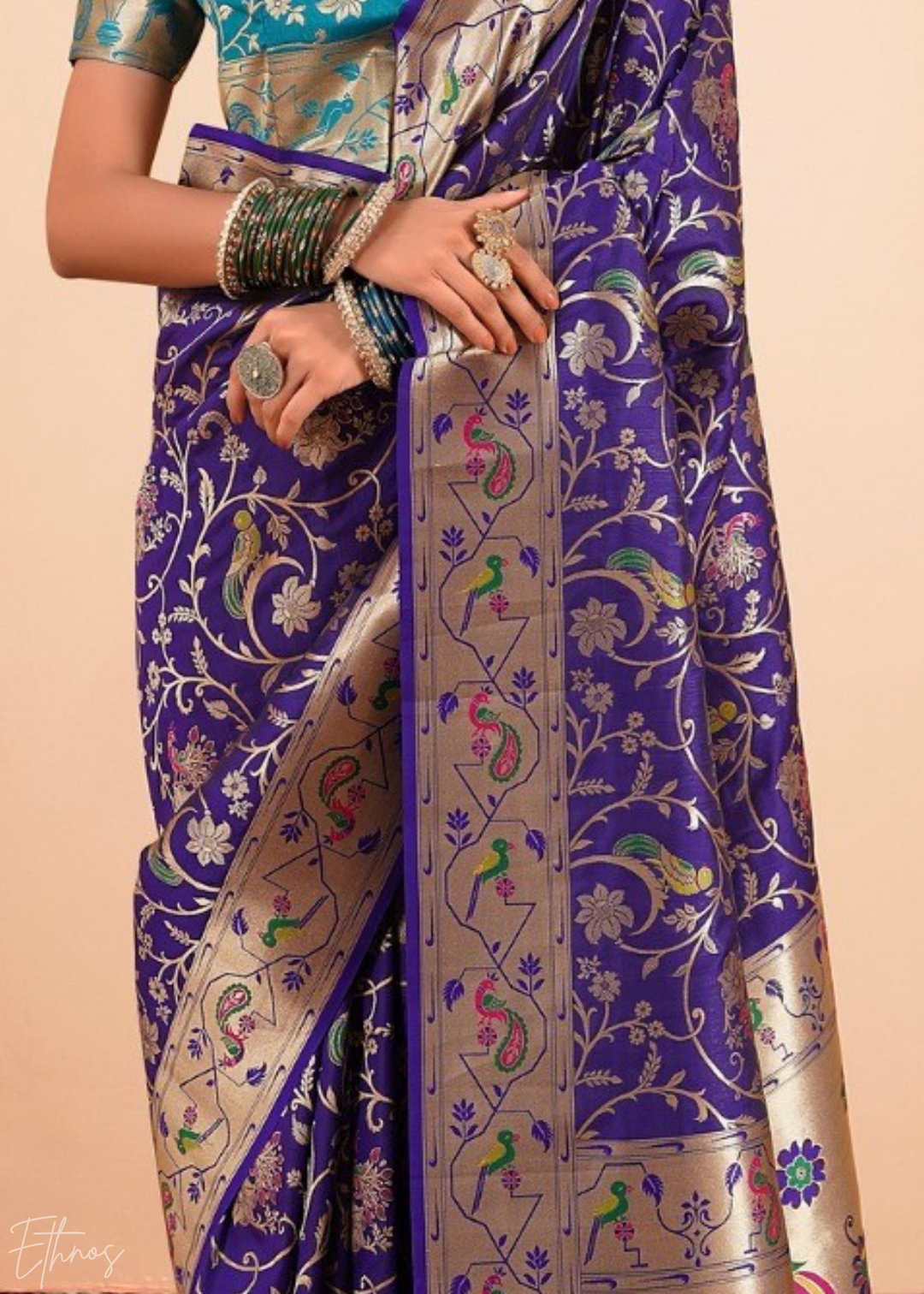 Midnight Indigo Menagerie Paithani Silk Saree