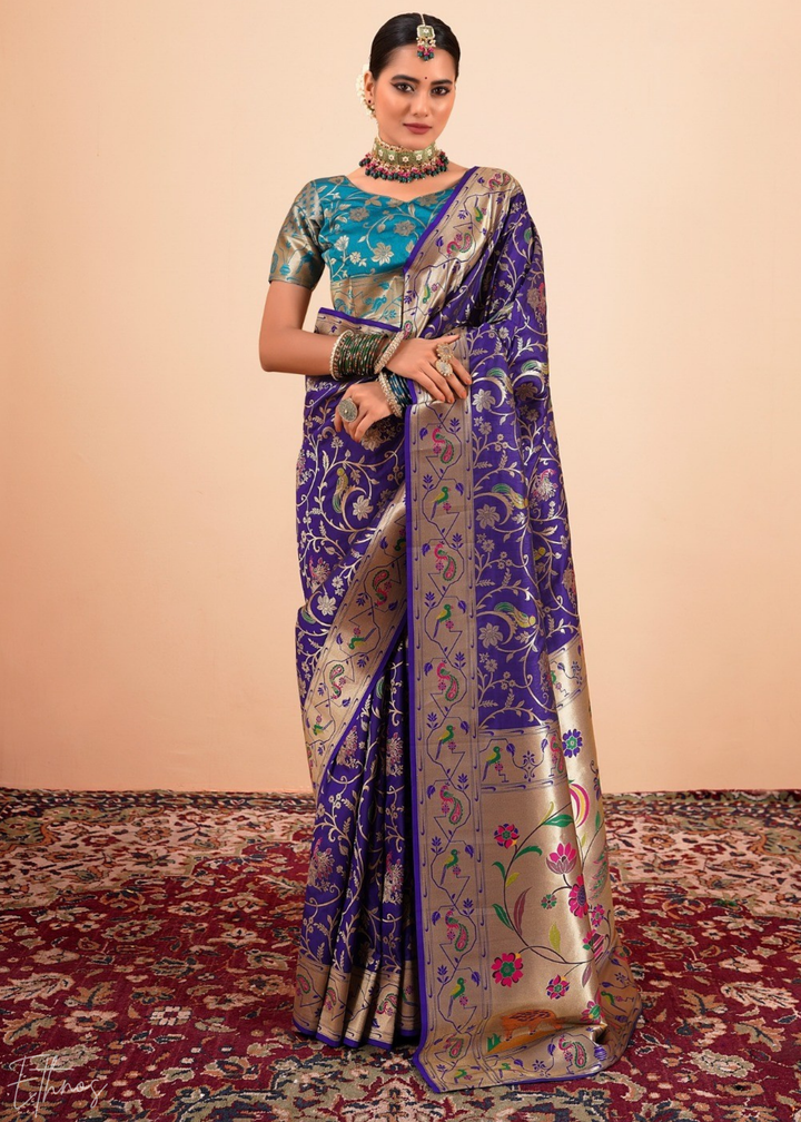Midnight Indigo Menagerie Paithani Silk Saree