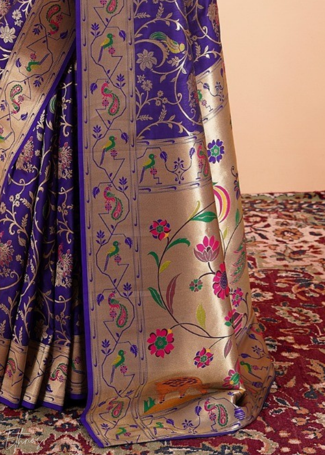 Midnight Indigo Menagerie Paithani Silk Saree