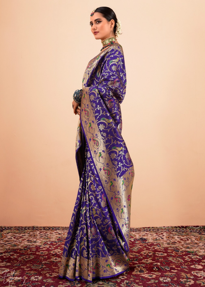 Midnight Indigo Menagerie Paithani Silk Saree