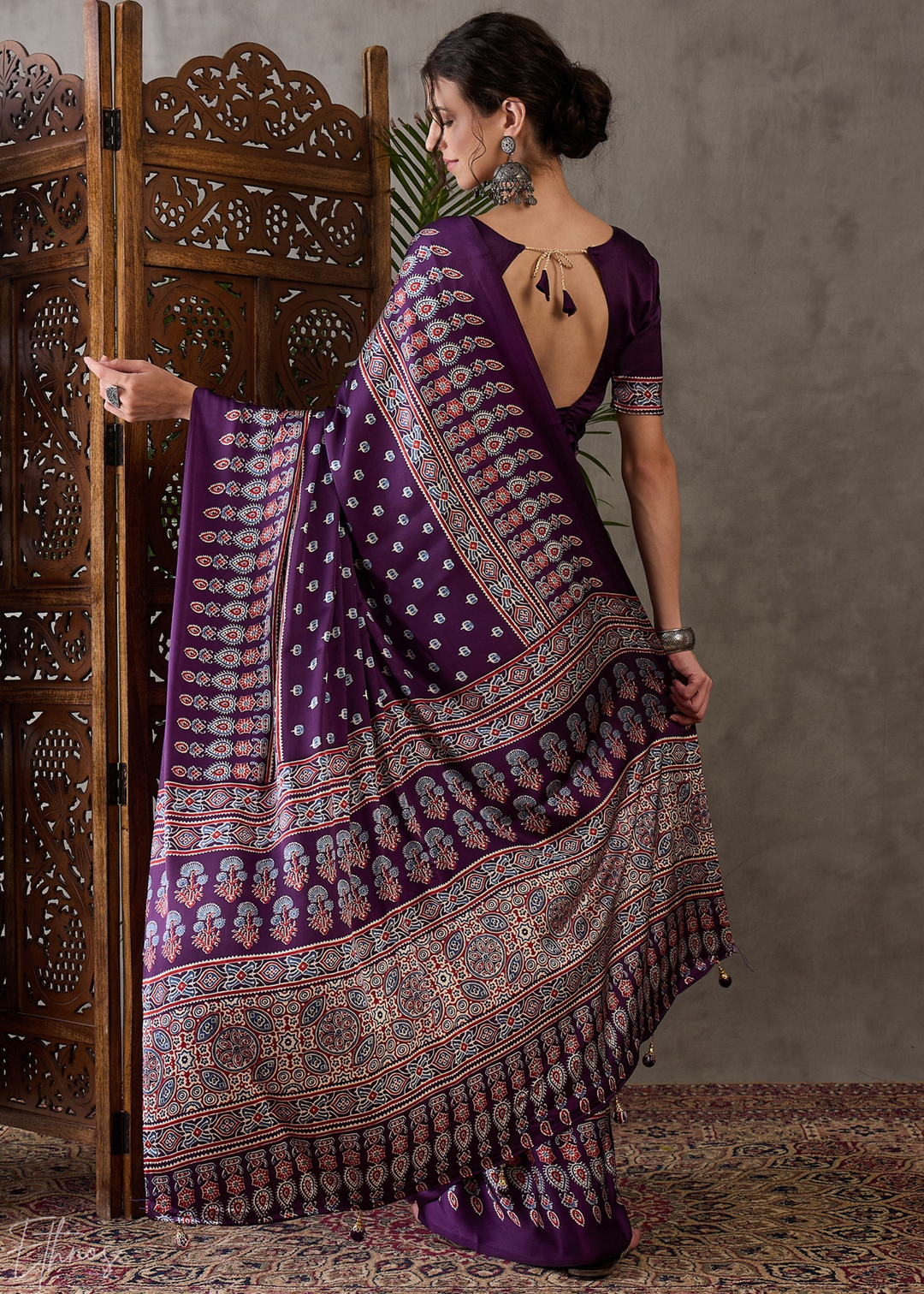 Imperial Plum Ornate Tessellation Semi-Modal Silk Saree