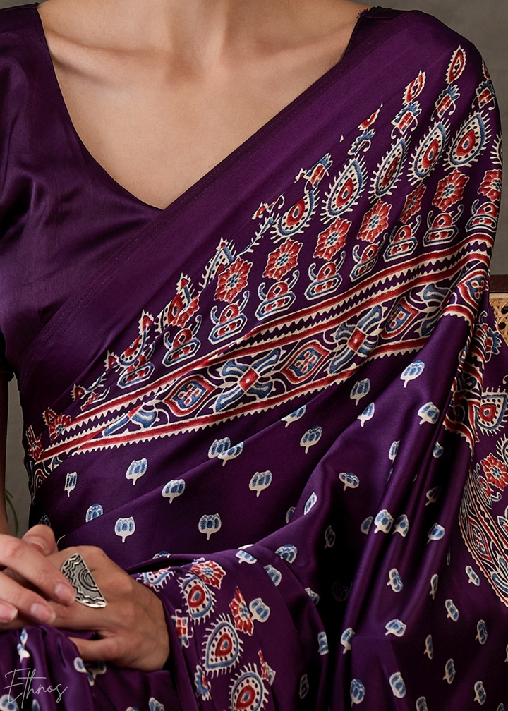 Imperial Plum Ornate Tessellation Semi-Modal Silk Saree