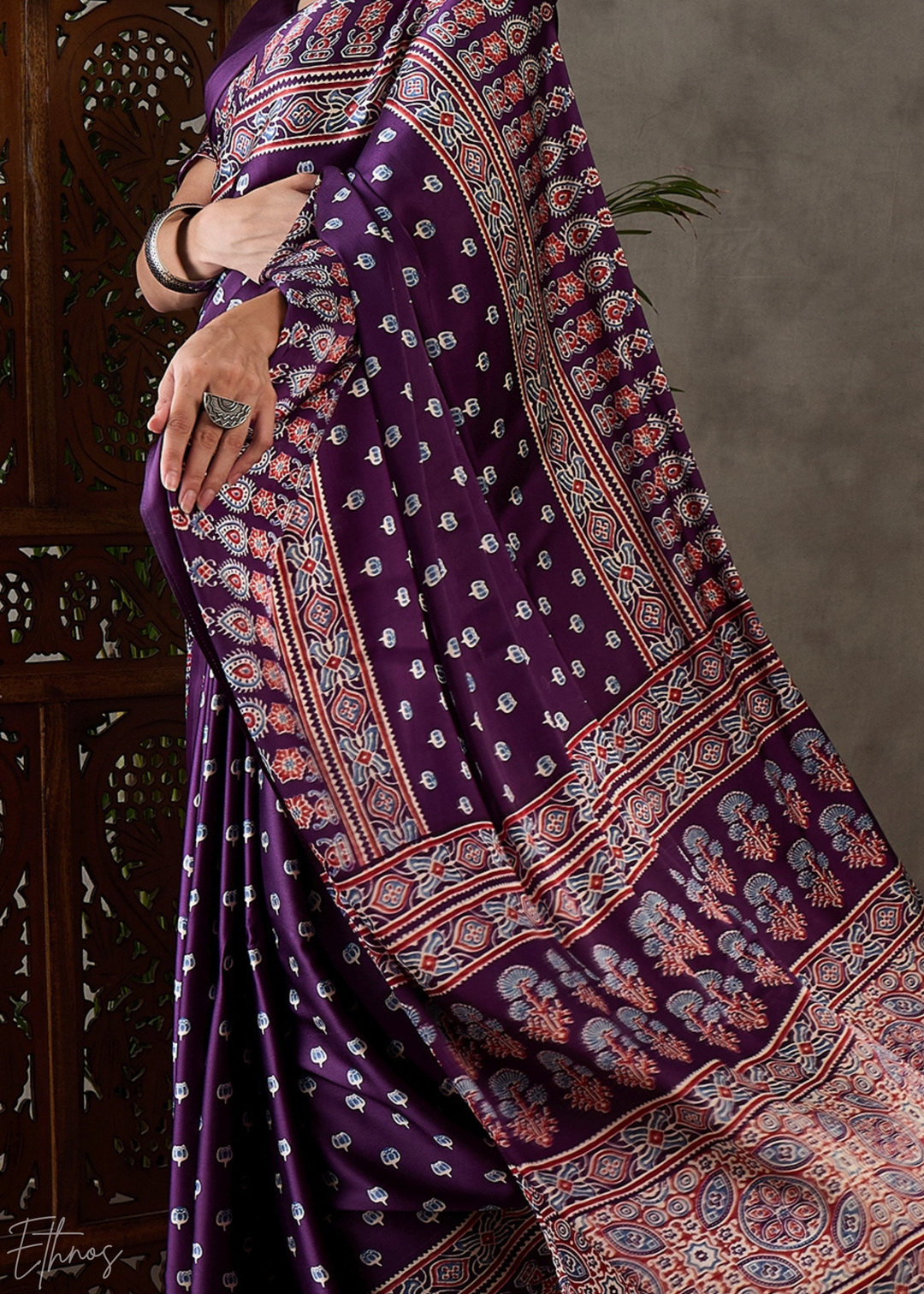 Imperial Plum Ornate Tessellation Semi-Modal Silk Saree