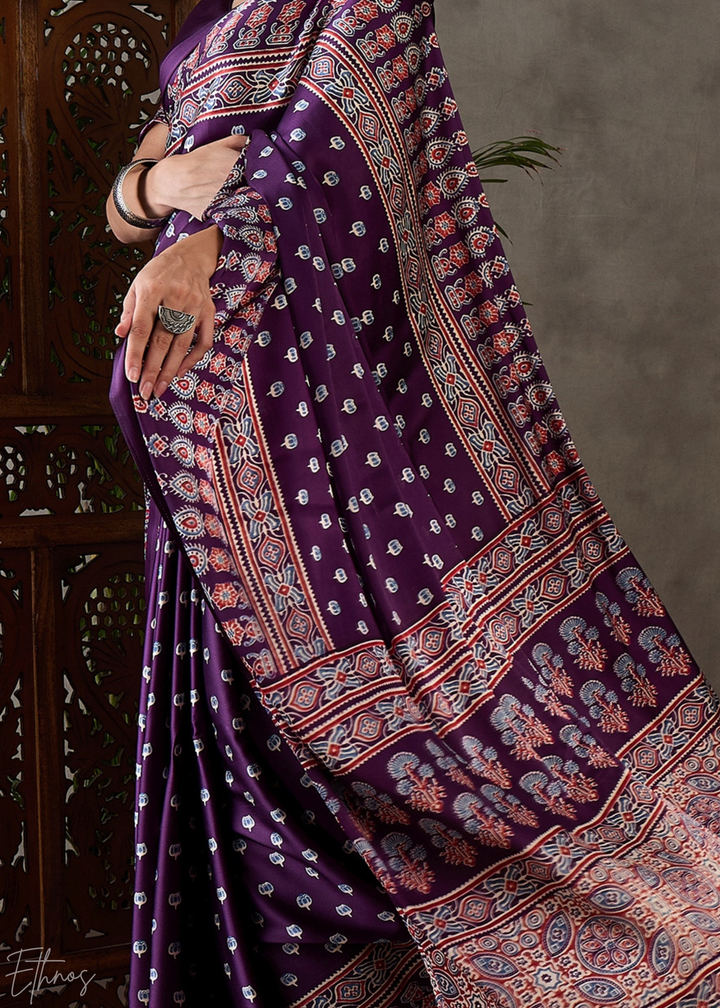 Imperial Plum Ornate Tessellation Semi-Modal Silk Saree