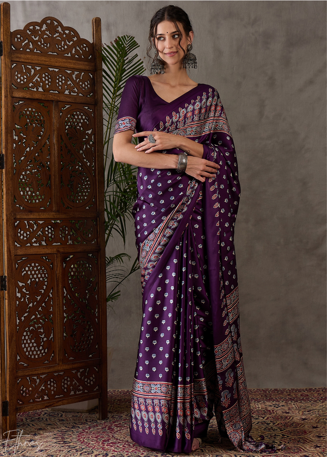 Imperial Plum Ornate Tessellation Semi-Modal Silk Saree