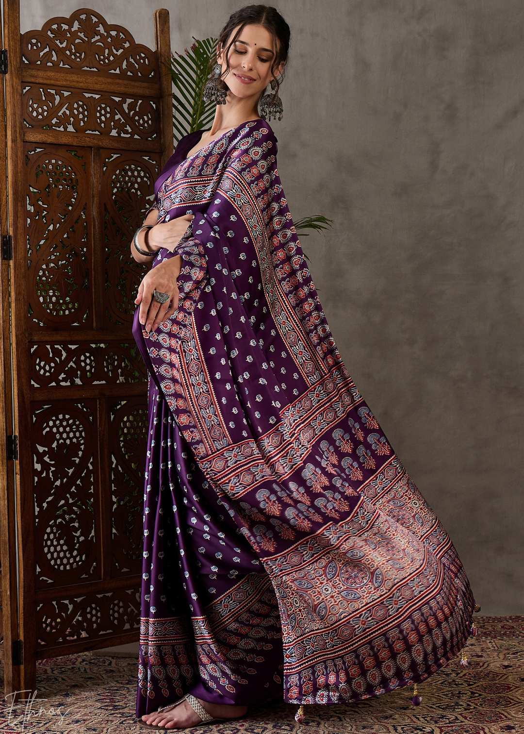 Imperial Plum Ornate Tessellation Semi-Modal Silk Saree